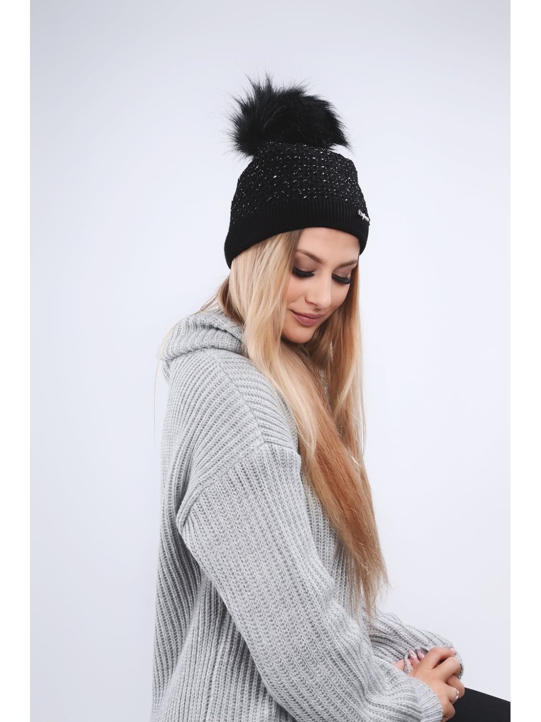 Black hat with silver thread for winter C16 - Online store - Boutique